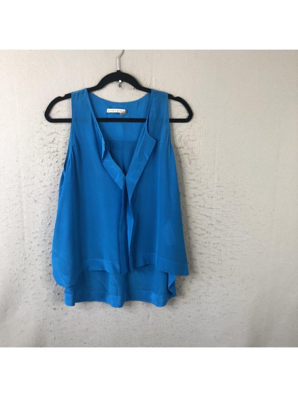 Alice + Olivia Tank Top Womens S Blue 100% Silk Ruffle V Neck Tunic High Low